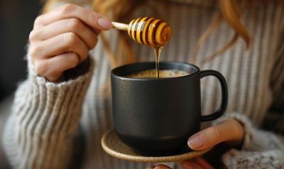 Frau süßt ihren Kaffee mit Honig